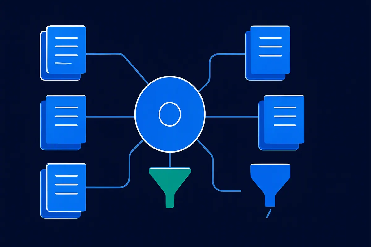 Illustration of an agent node connected to document stacks through a filtering gate on a navy background