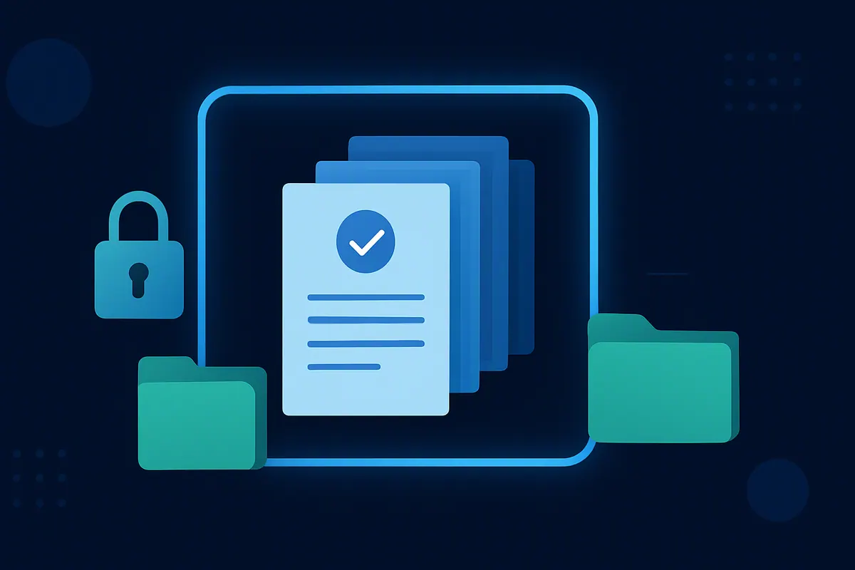 Illustration of approved documents inside a secure boundary with locked folders outside it on a navy background