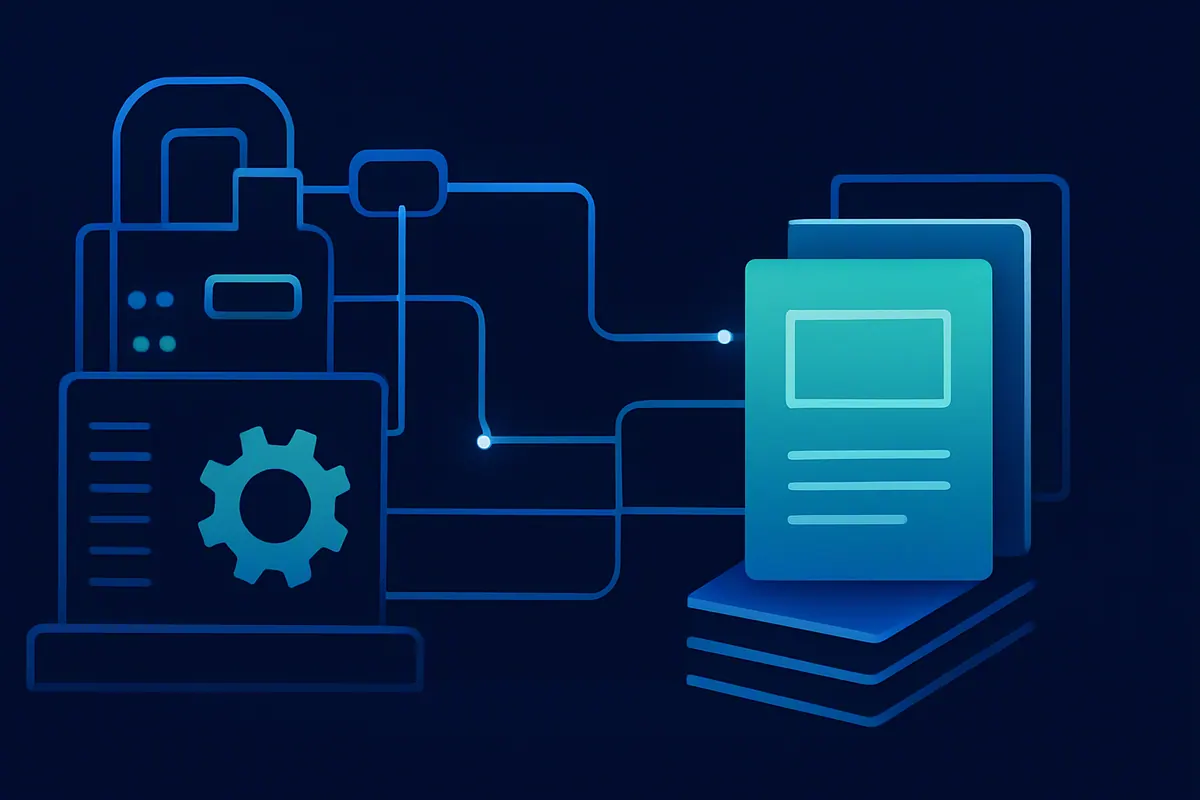 Illustration of industrial equipment linked to a stack of service manuals with one highlighted page on a navy background
