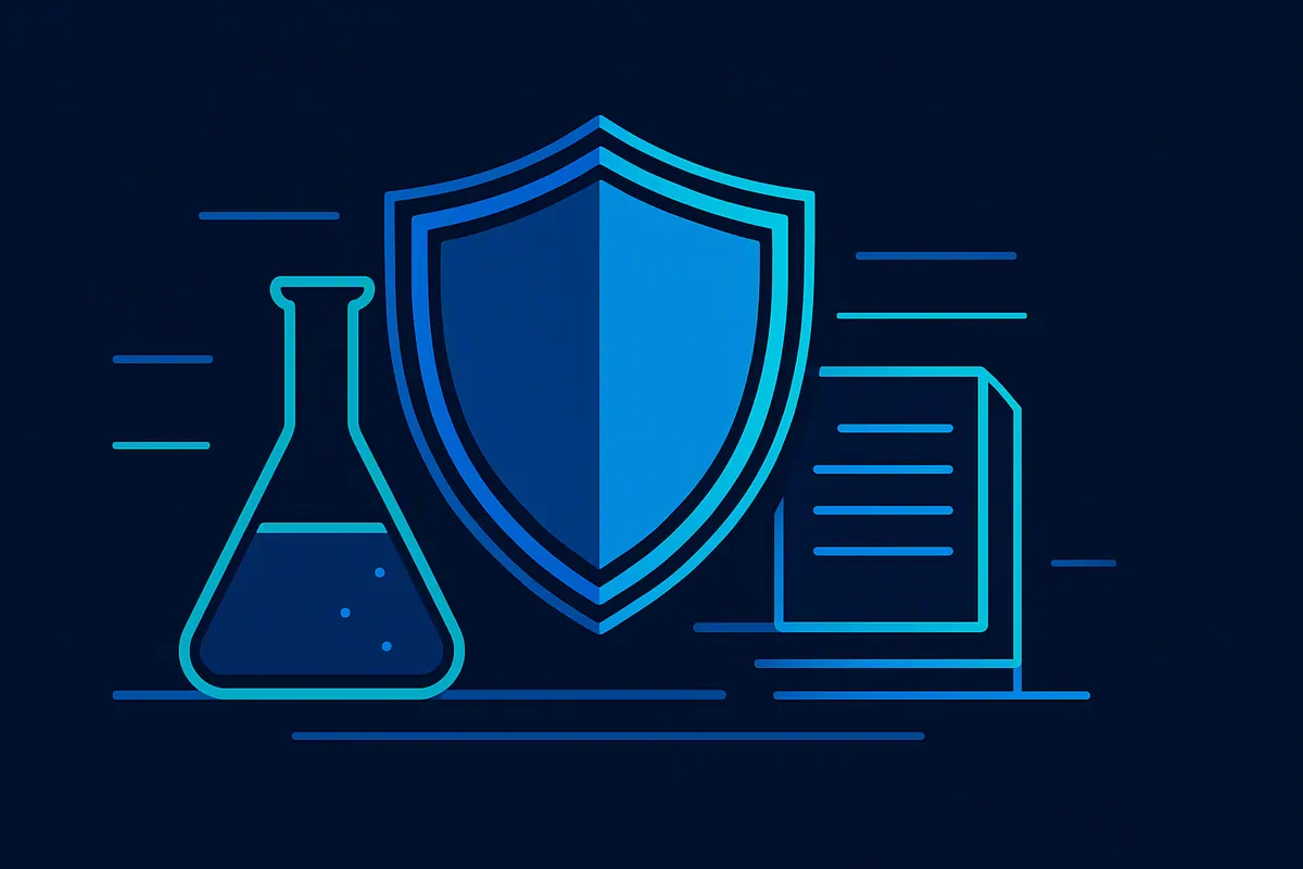 A shield over a lab flask and documents, representing an AI policy for a preclinical CRO
