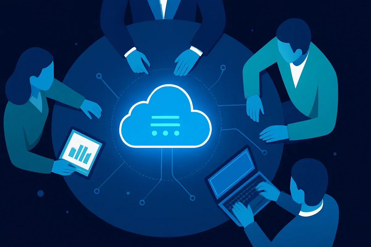 A negotiating table under a data cloud inside a boundary line, representing Copilot, the works council and the EU Data Boundary