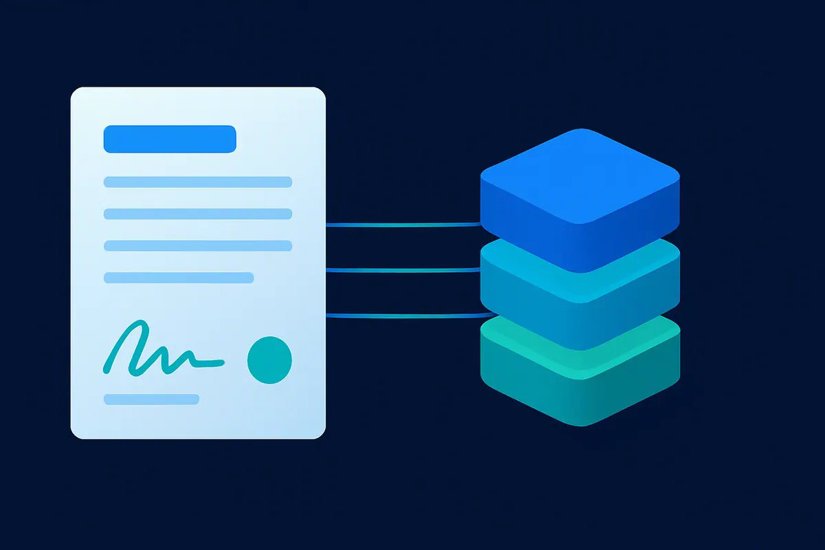 A contract linked to a few stacked tiers, representing client AI clauses mapped to controls
