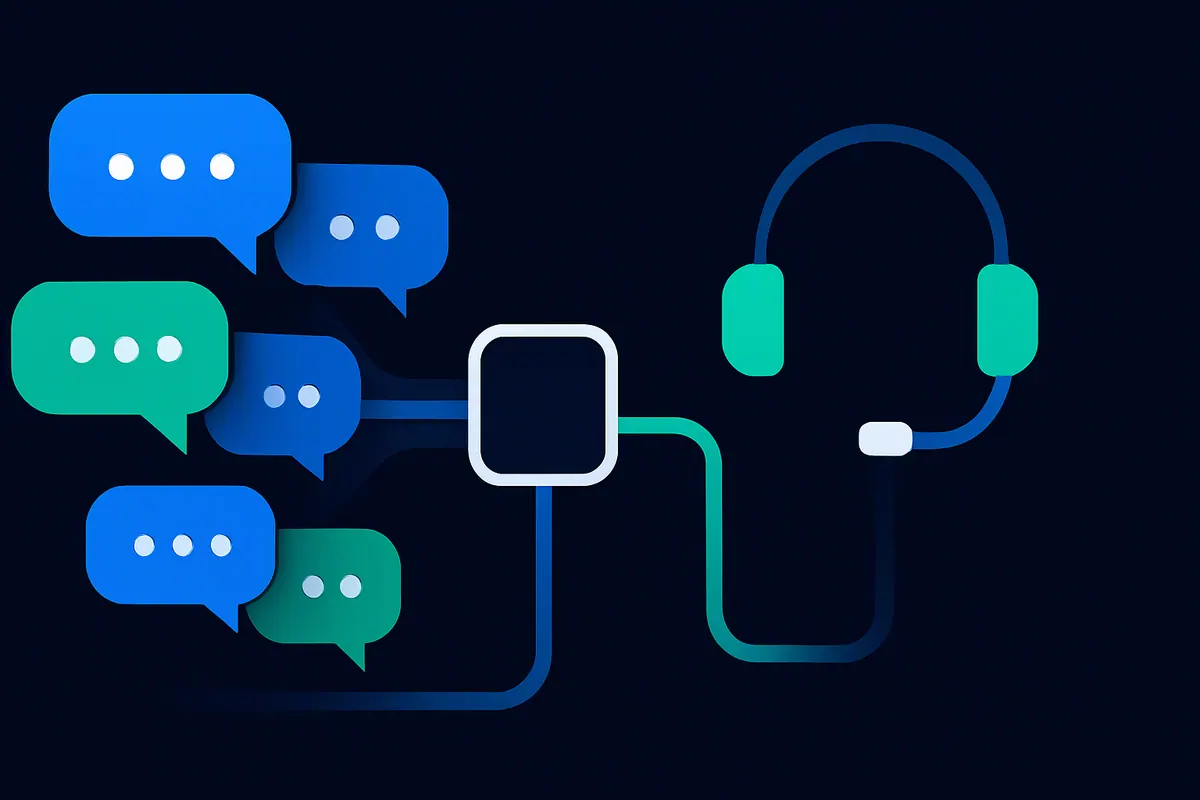 Illustration of chat messages flowing into a routing hub that splits between an automated path and a human support path