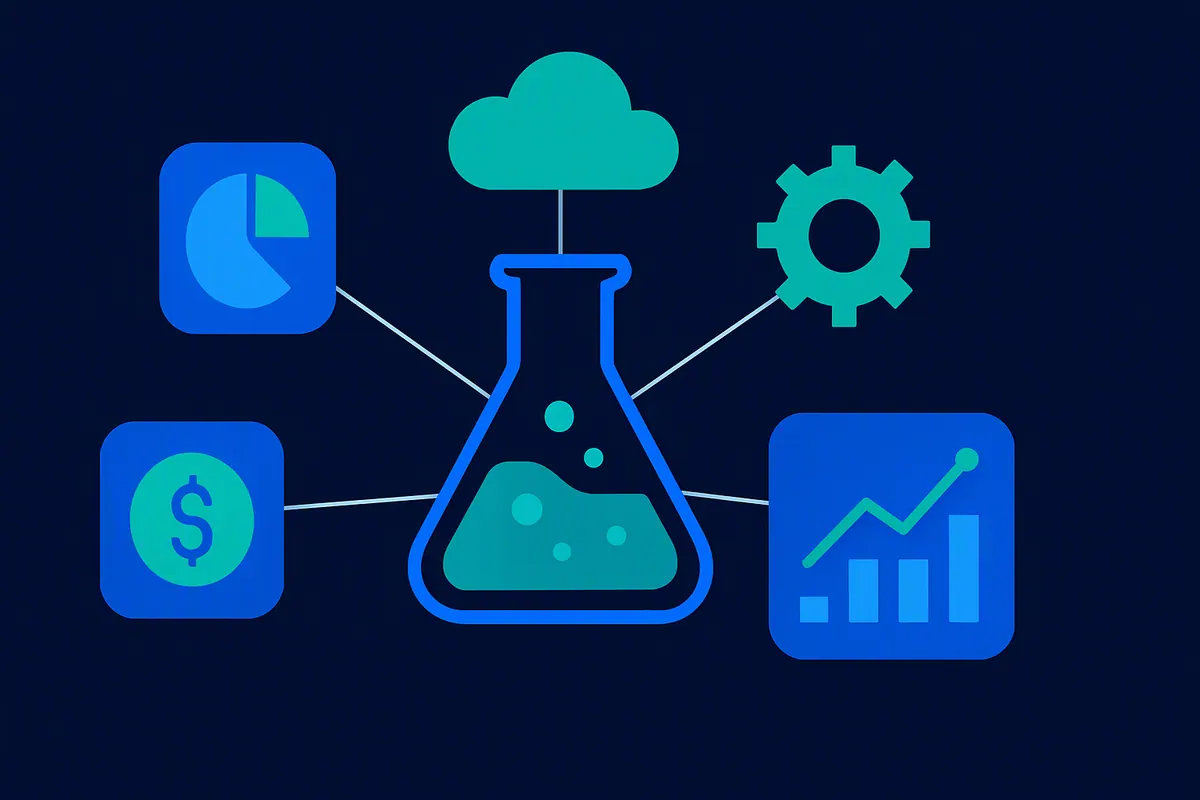 Five geometric tokens around a lab flask, representing the kinds of AI implementation partner for a preclinical CRO