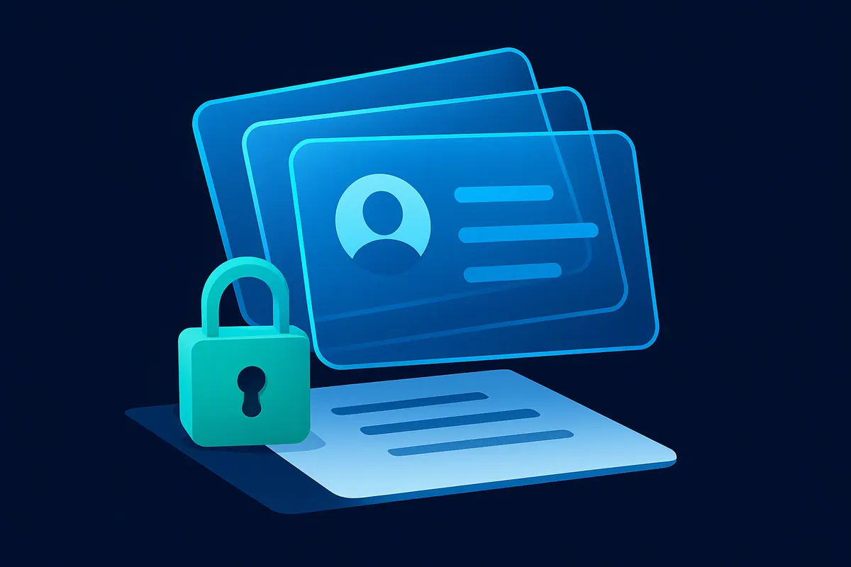 Layered licence cards over a padlock and document, representing Copilot licences and add-ons on Business Premium
