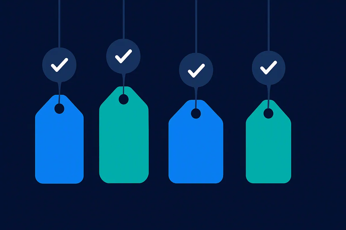 A row of blue and teal price tags, each hanging from a small chat bubble with a check mark, on a deep navy background