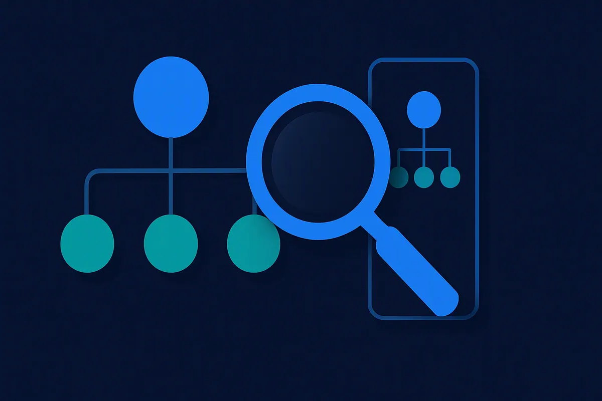 Illustration of an org chart of connected nodes feeding a search lens and a phone outline on a navy background